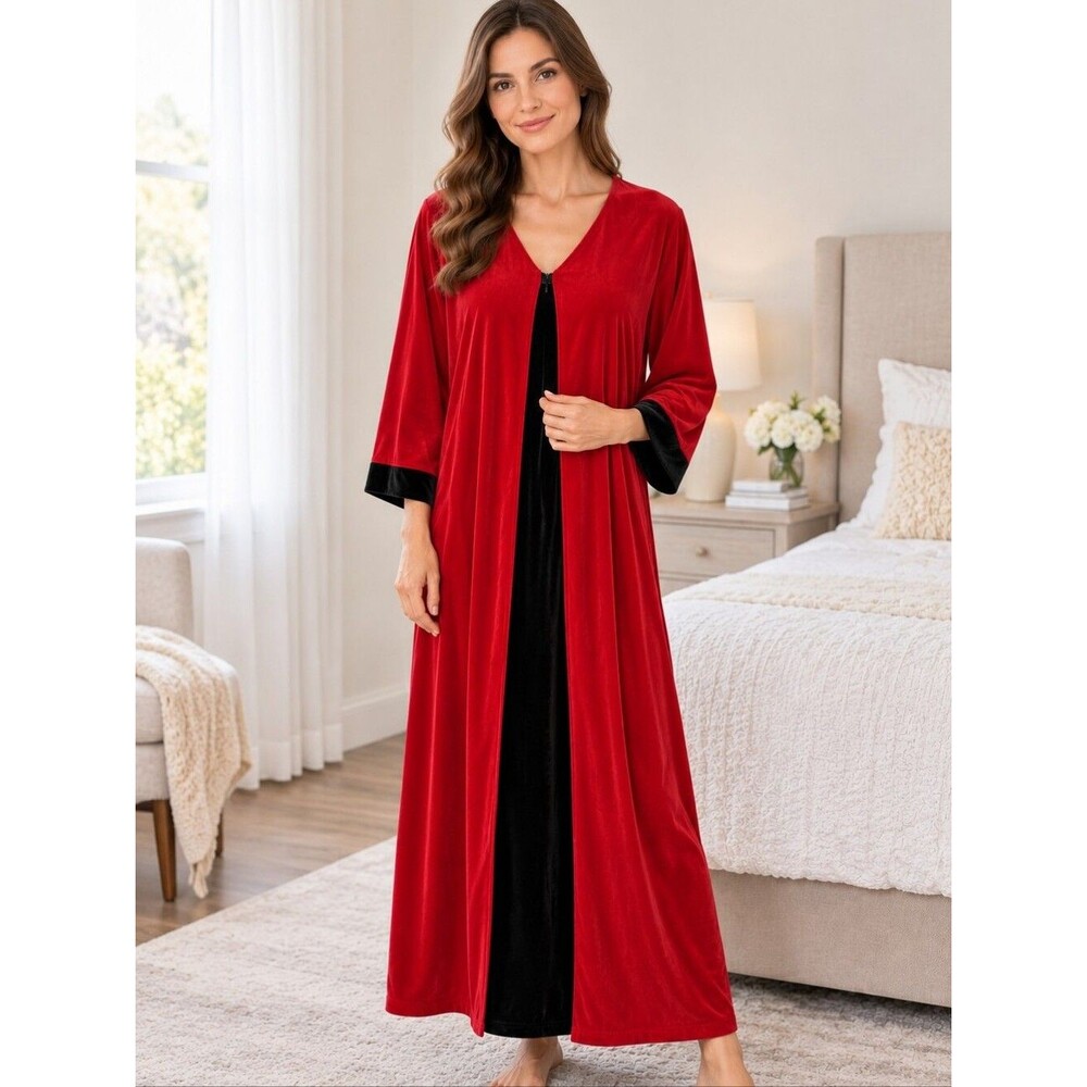 Vintage Evelyn Pearson colorblock velvet 1/4 Kimono sleeve night gown robe sleep
